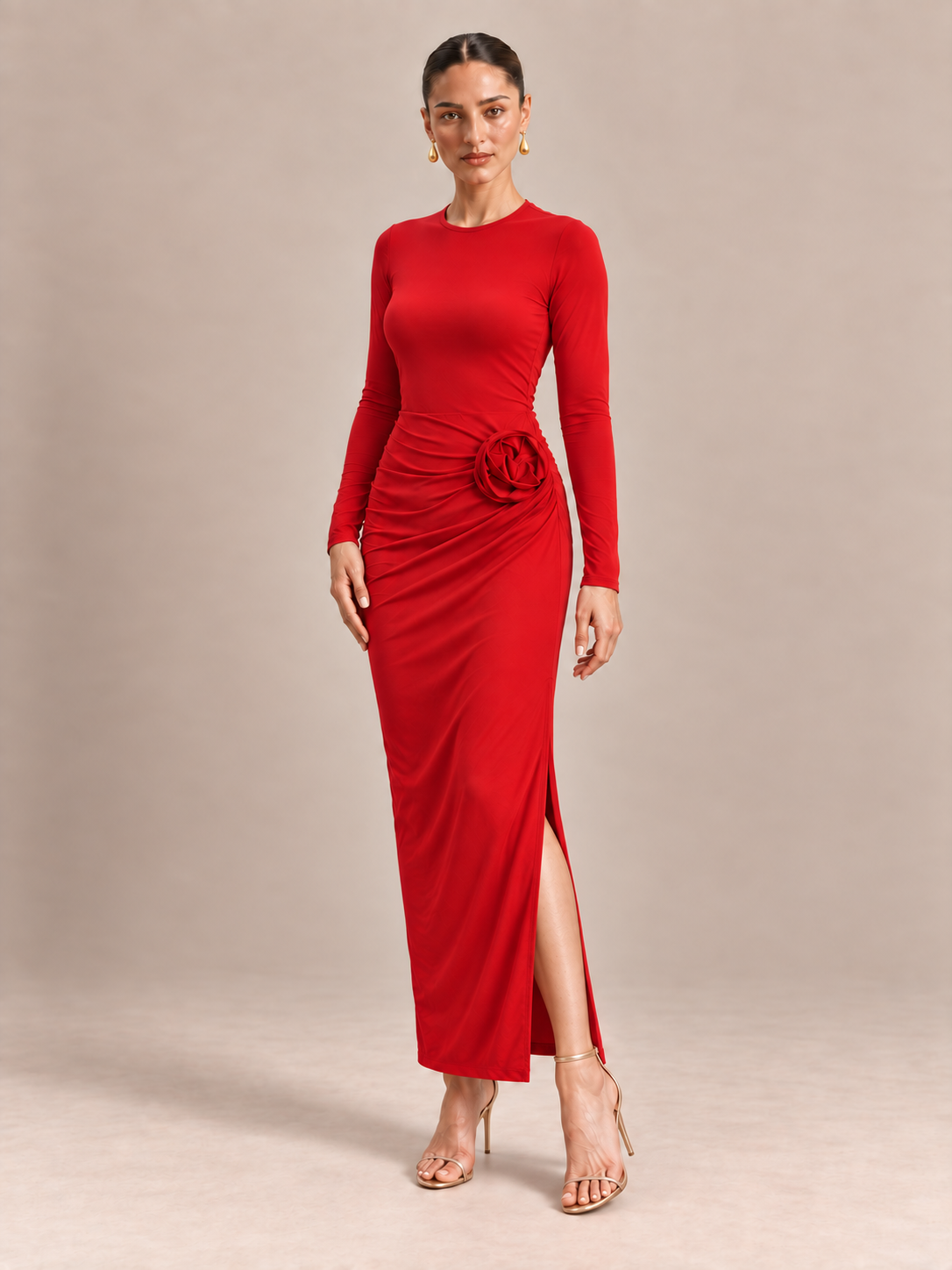 VIVIANNA Crimson Red Rosette Maxi Dress