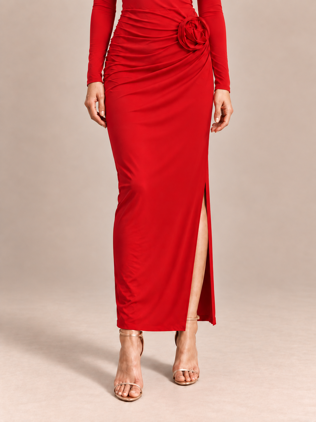 VIVIANNA Crimson Red Rosette Maxi Dress