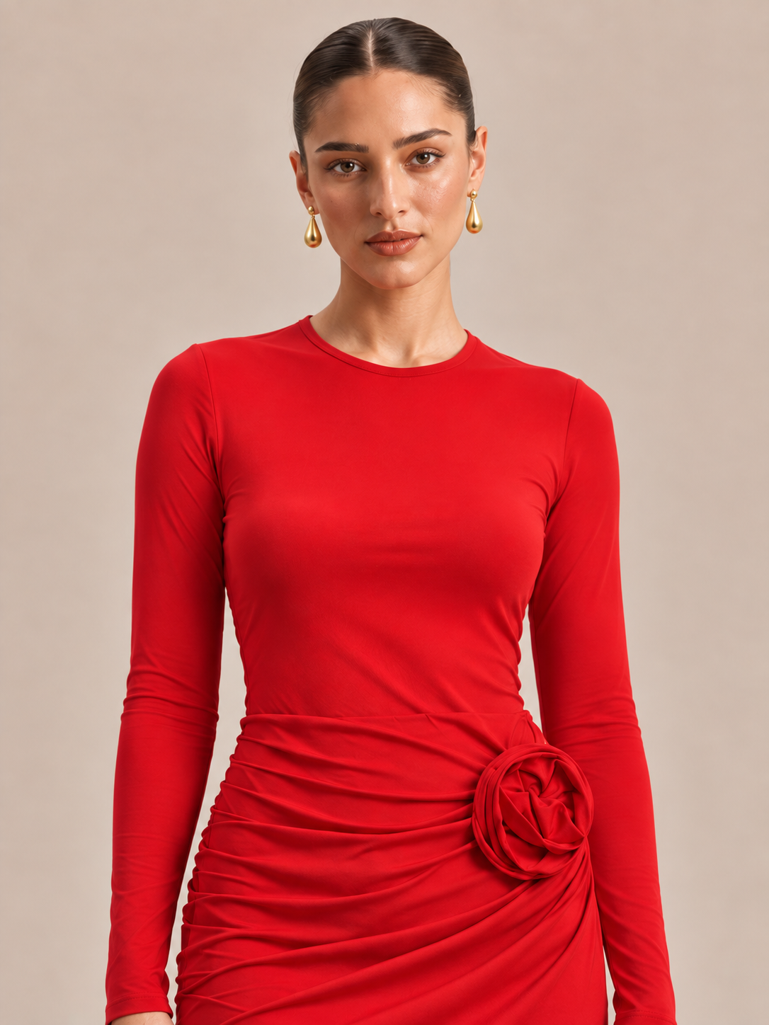 VIVIANNA Crimson Red Rosette Maxi Dress