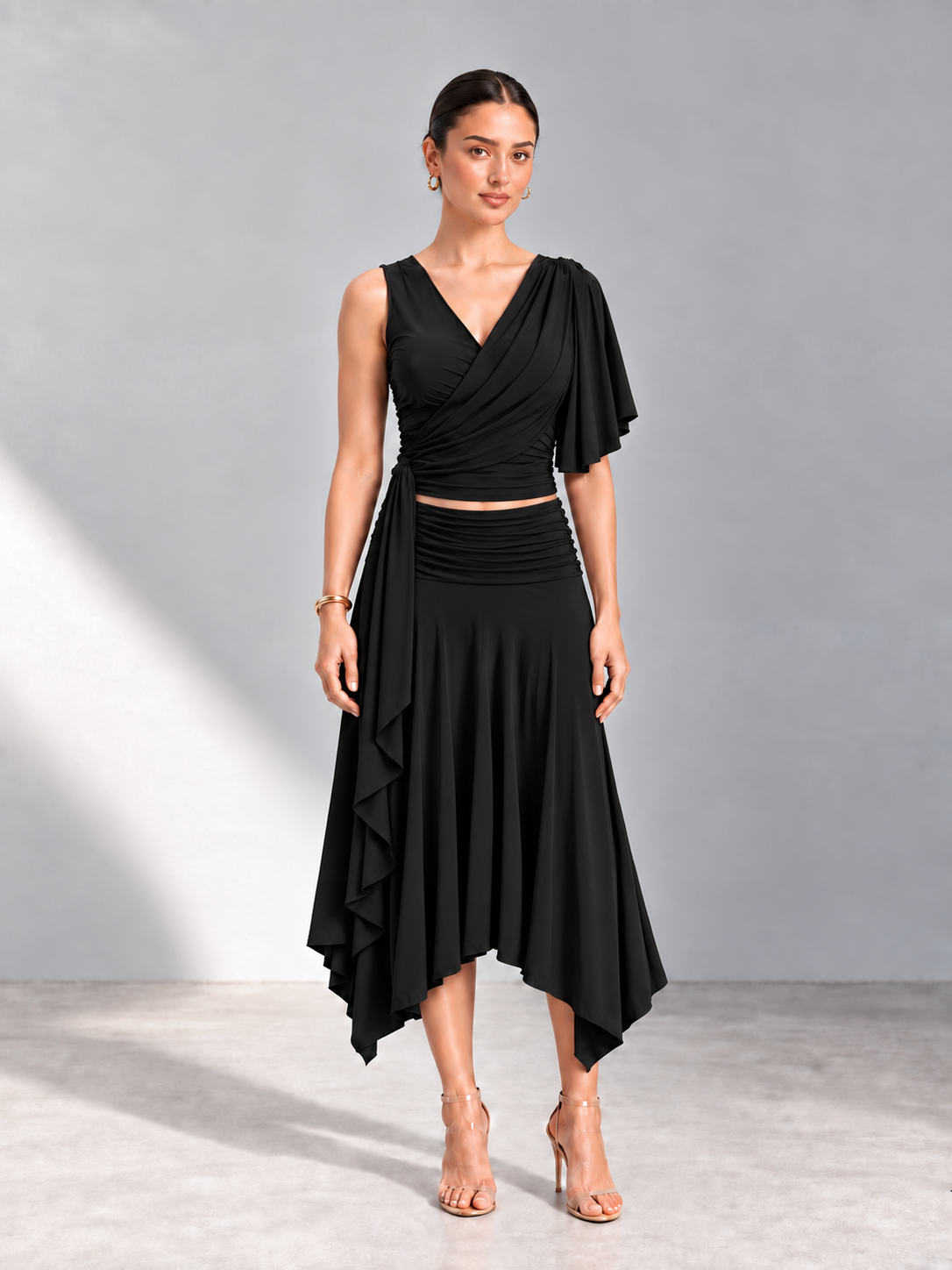 ANISA Black Draped Top & Asymmetric Midi Skirt Co-ord Set