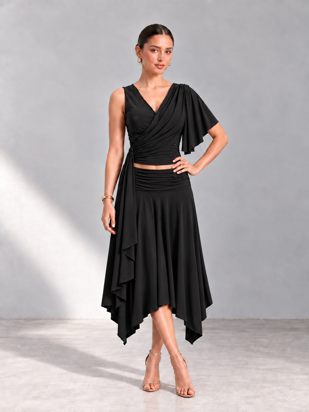 ANISA Black Draped Top & Asymmetric Midi Skirt Co-ord Set