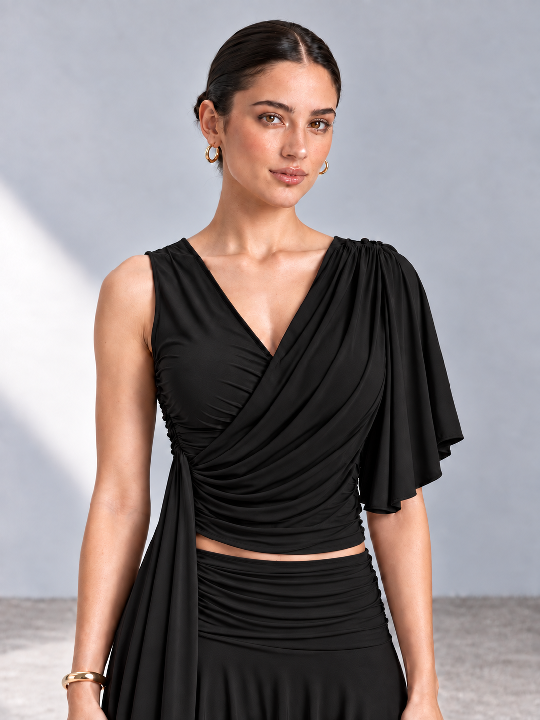 ANISA Black Draped Top & Asymmetric Midi Skirt Co-ord Set
