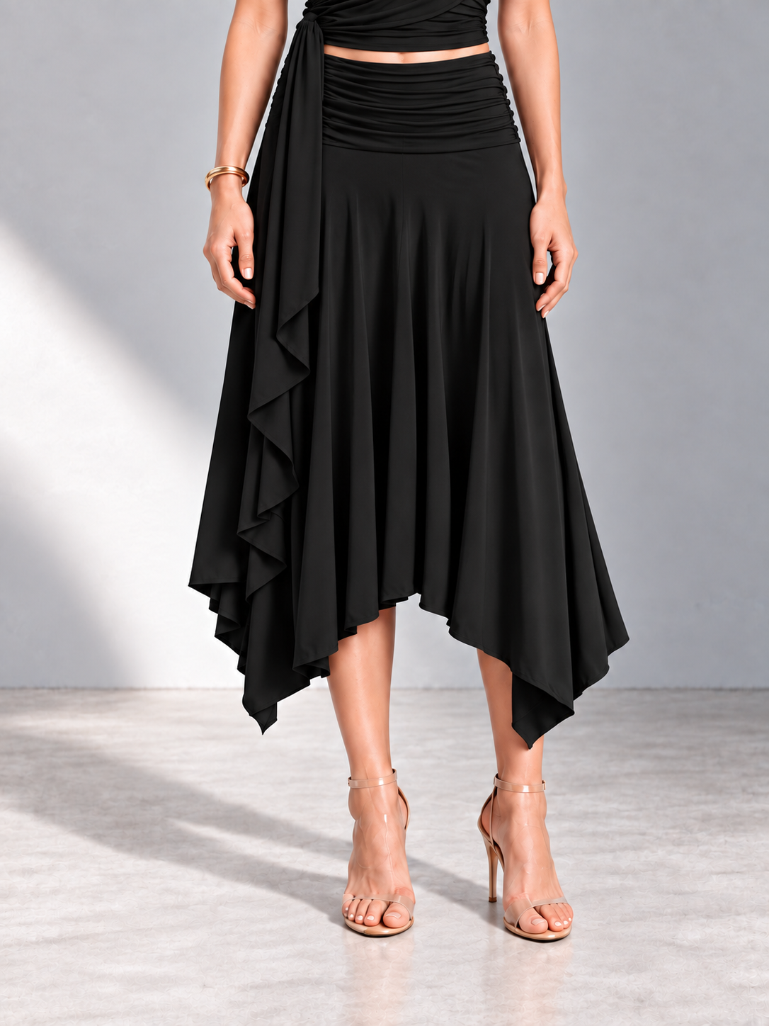ANISA Black Draped Top & Asymmetric Midi Skirt Co-ord Set