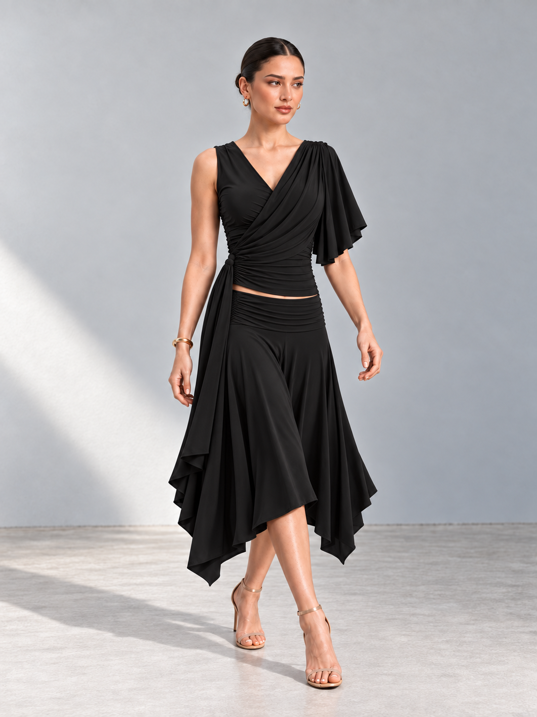 ANISA Black Draped Top & Asymmetric Midi Skirt Co-ord Set