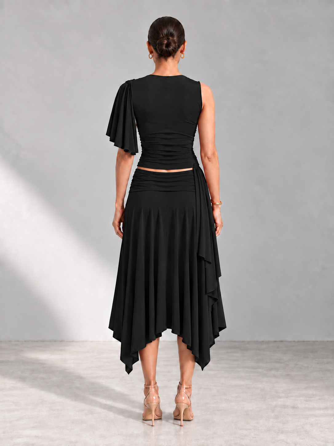 ANISA Black Draped Top & Asymmetric Midi Skirt Co-ord Set