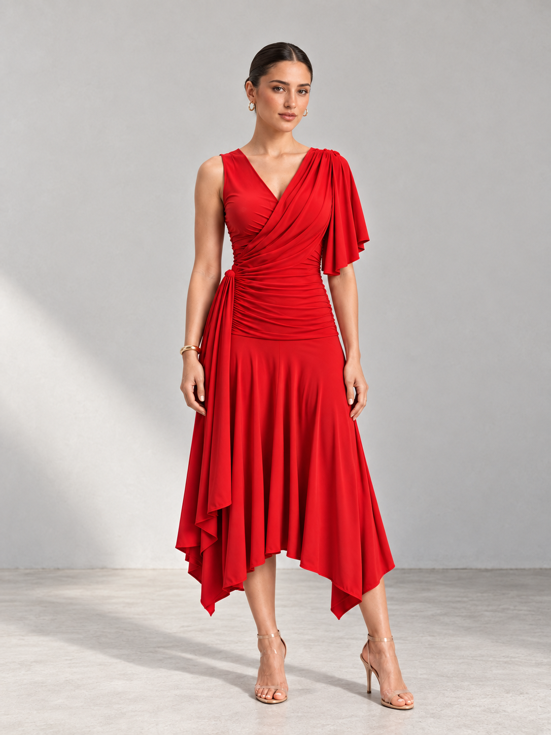 ANISA Red Draped Top & Asymmetric Midi Skirt Co-ord Set