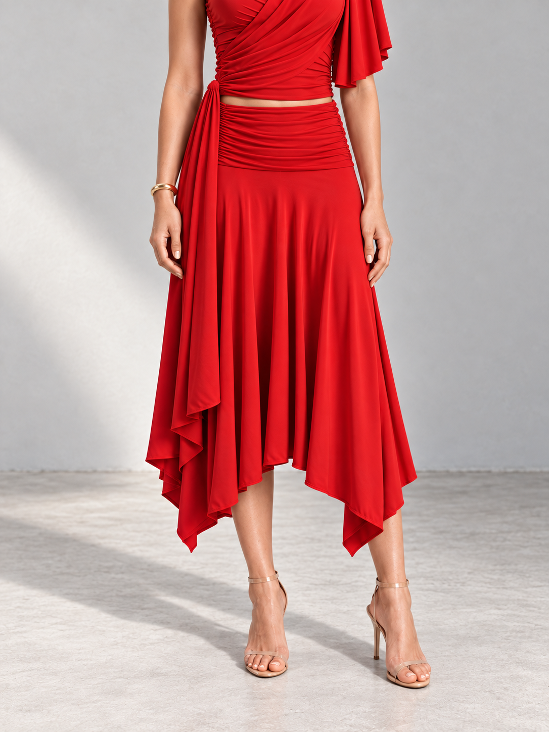ANISA Red Draped Top & Asymmetric Midi Skirt Co-ord Set