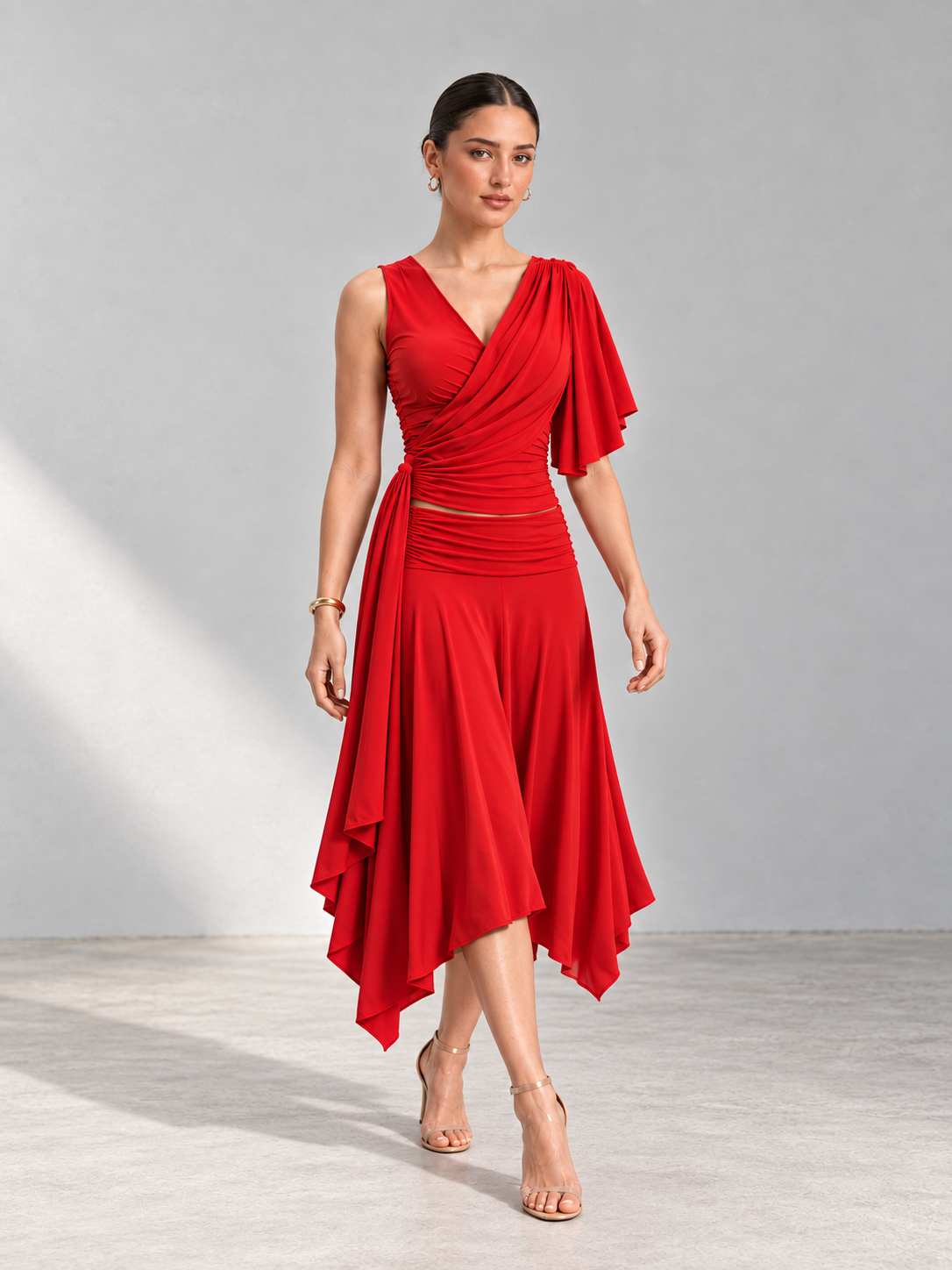 ANISA Red Draped Top & Asymmetric Midi Skirt Co-ord Set