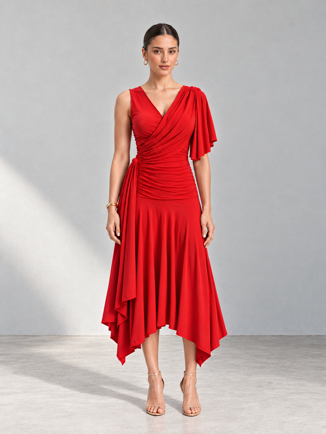 ANISA Red Draped Top & Asymmetric Midi Skirt Co-ord Set