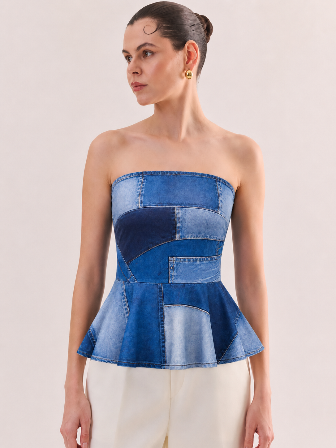 ECHO Denim Print Strapless Peplum Top