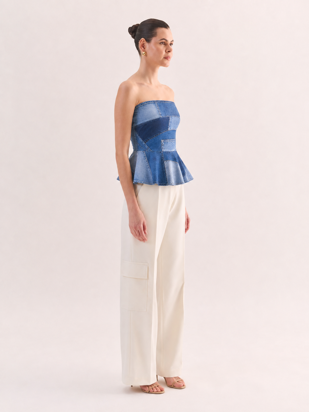 ECHO Denim Print Strapless Peplum Top