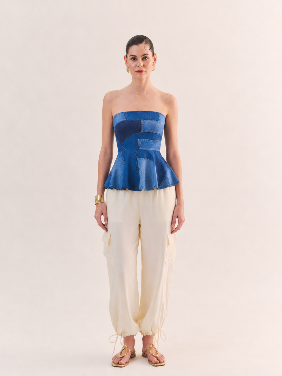 ECHO Denim Print Strapless Peplum Top