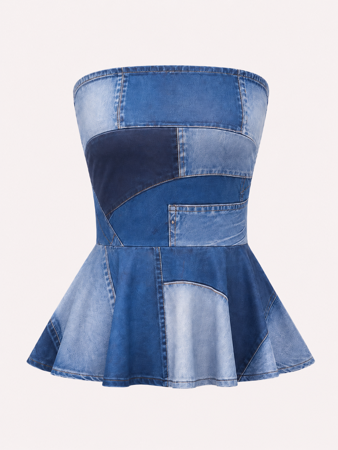 ECHO Denim Print Strapless Peplum Top