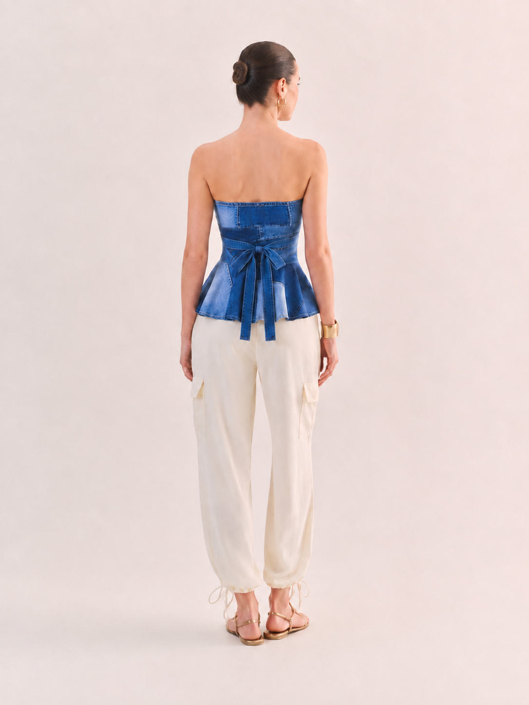 ECHO Denim Print Strapless Peplum Top