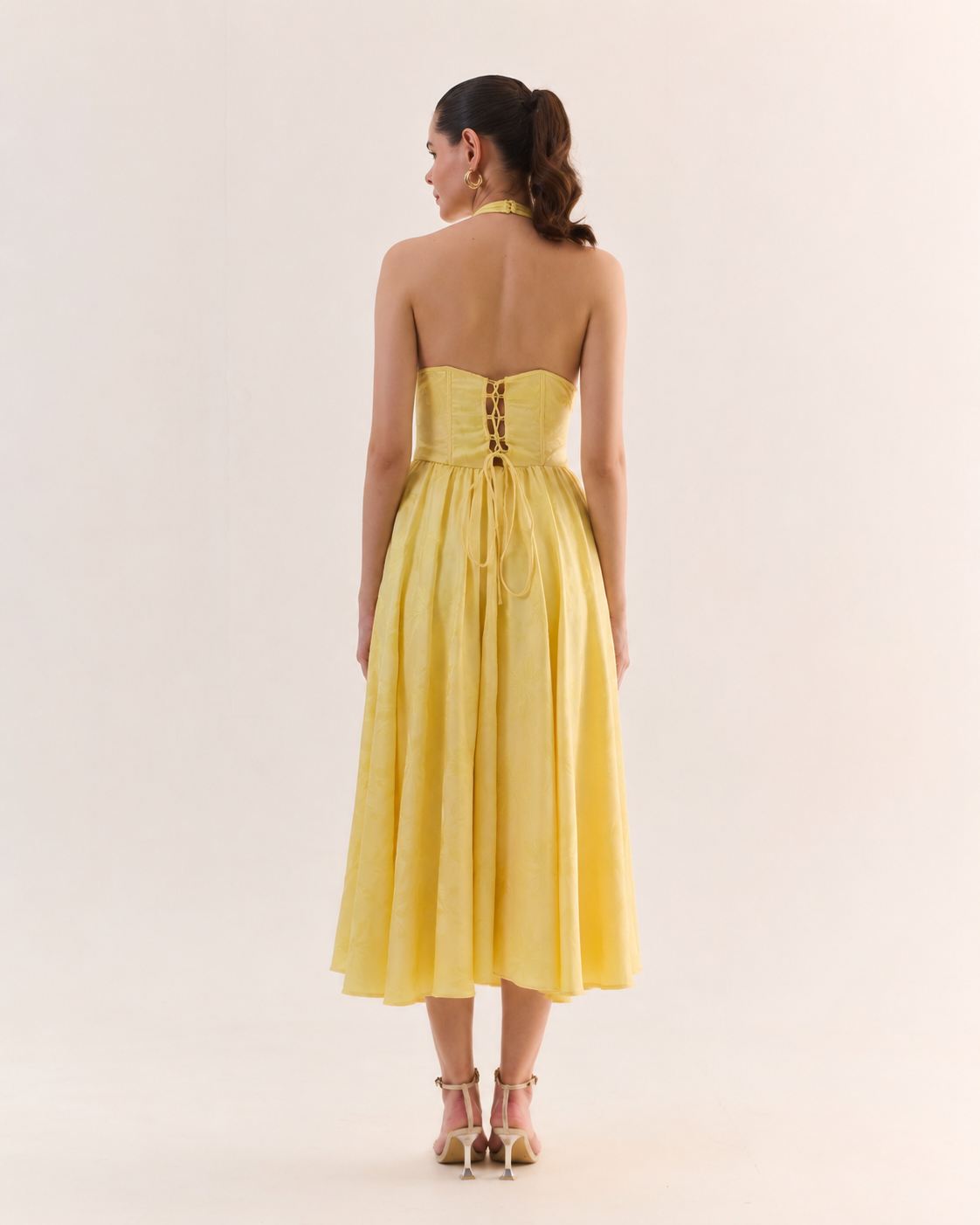 JULIETTE Butter Yellow Satin Jacquard Midi Dress