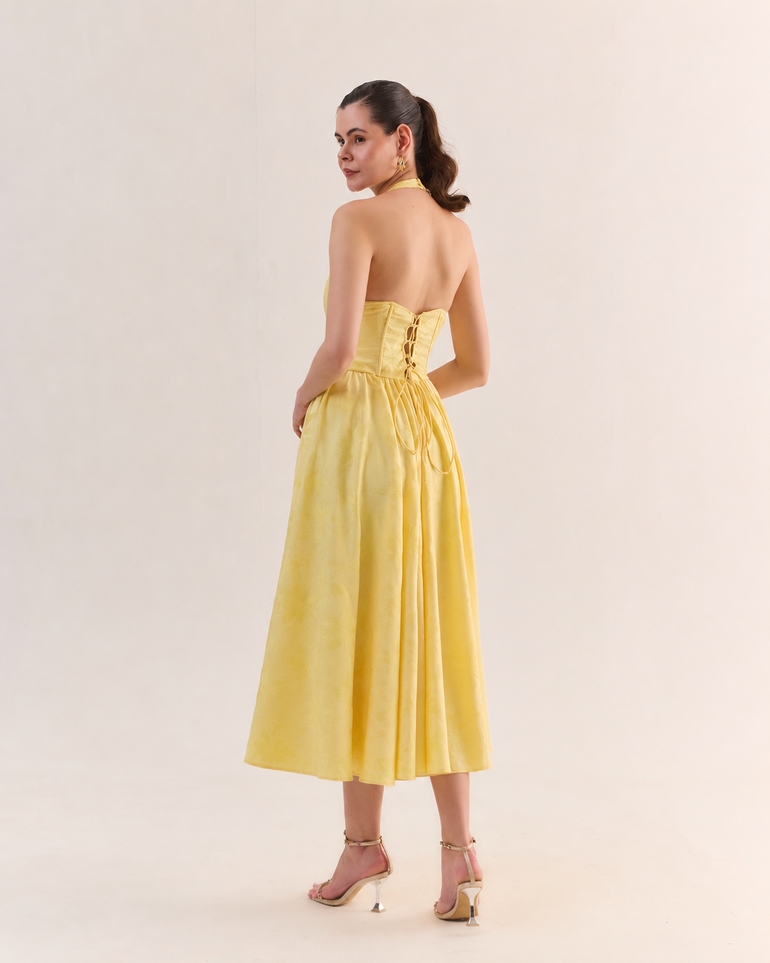 JULIETTE Butter Yellow Satin Jacquard Midi Dress