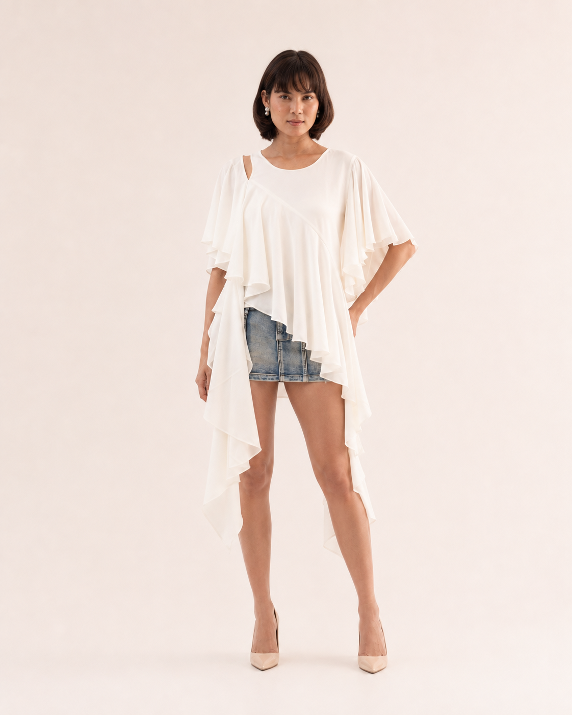 LARA Ivory Asymmetric Ruffle Top
