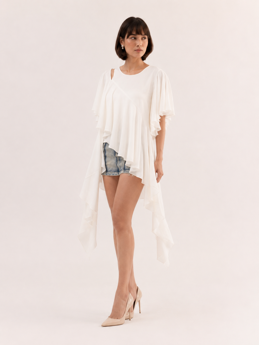 LARA Ivory Asymmetric Ruffle Top