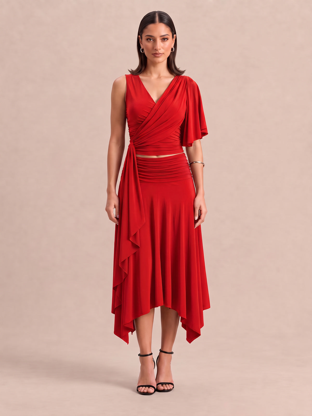 RHAYNA Red Draped Top & Asymmetric Midi Skirt Co-ord Set