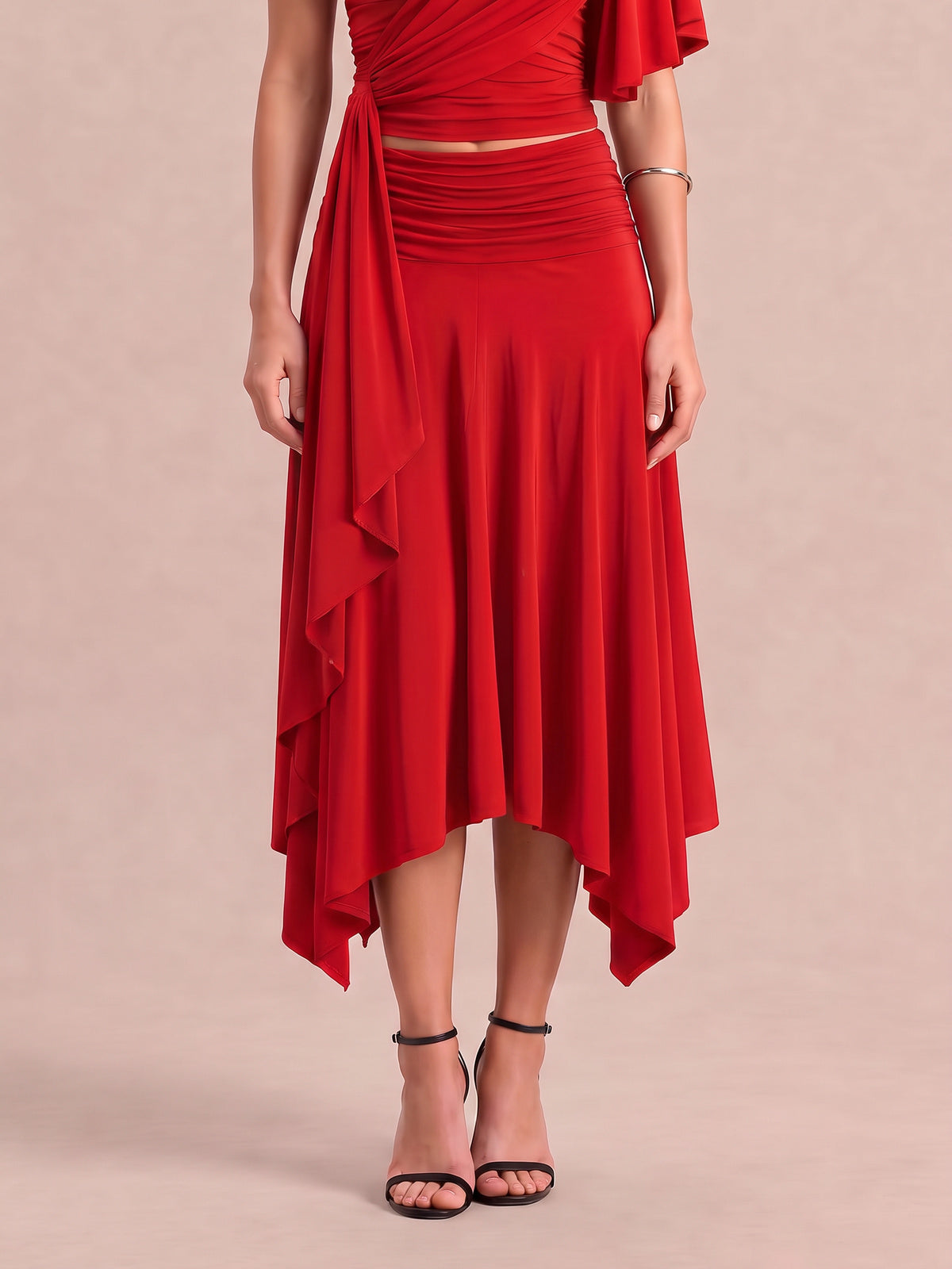 RHAYNA Red Draped Top & Asymmetric Midi Skirt Co-ord Set