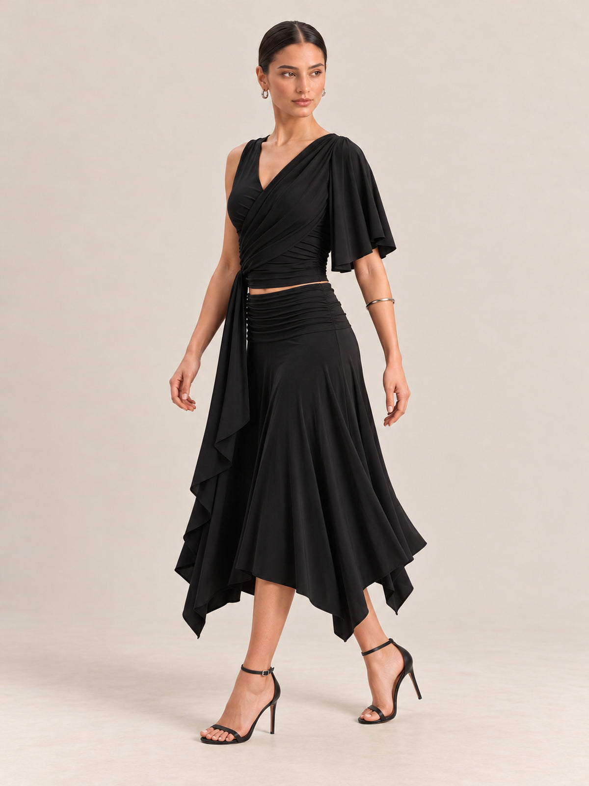 RHAYNA Black Draped Top & Skirt Co-ord Set