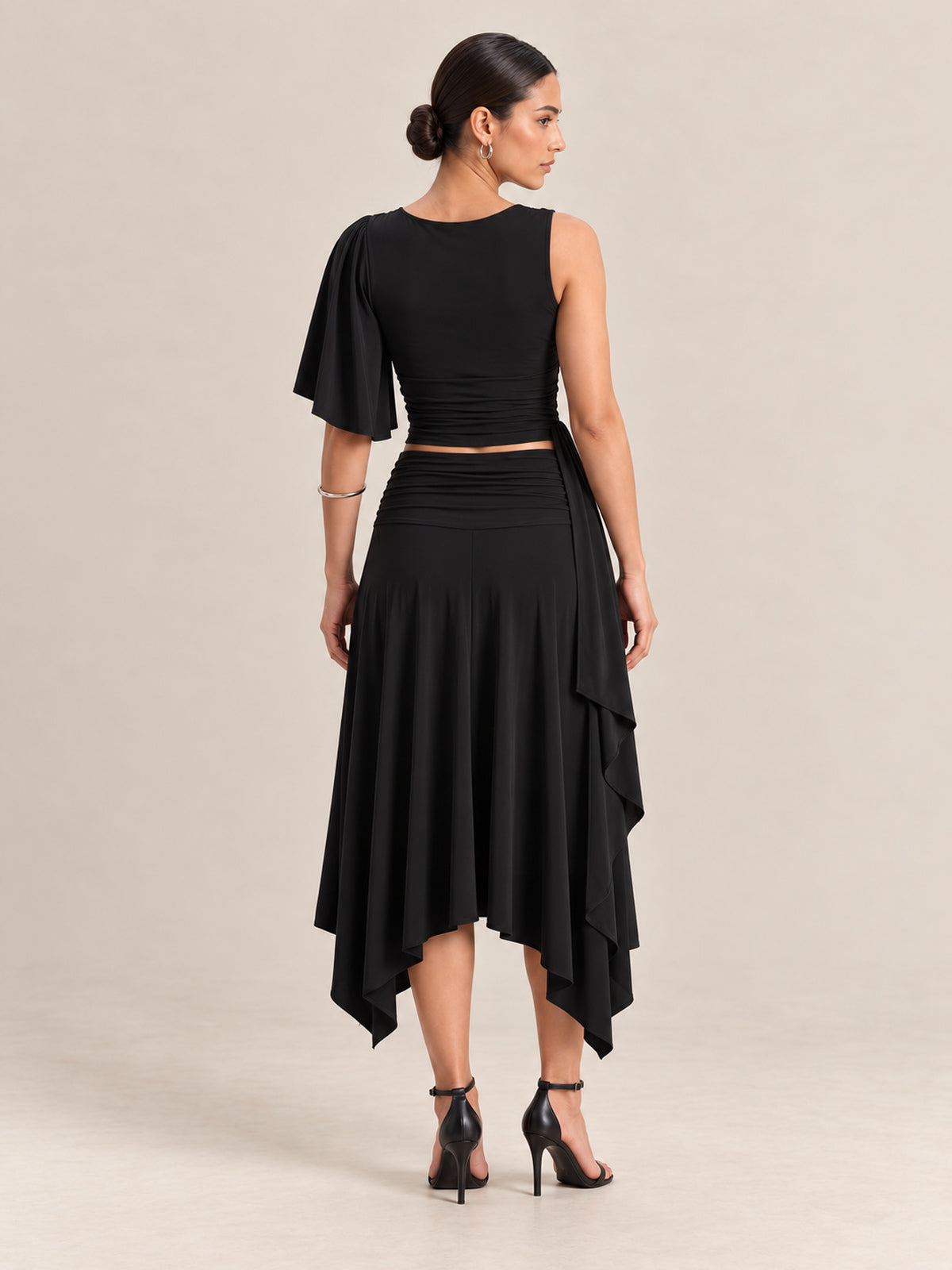 RHAYNA Black Draped Top & Skirt Co-ord Set