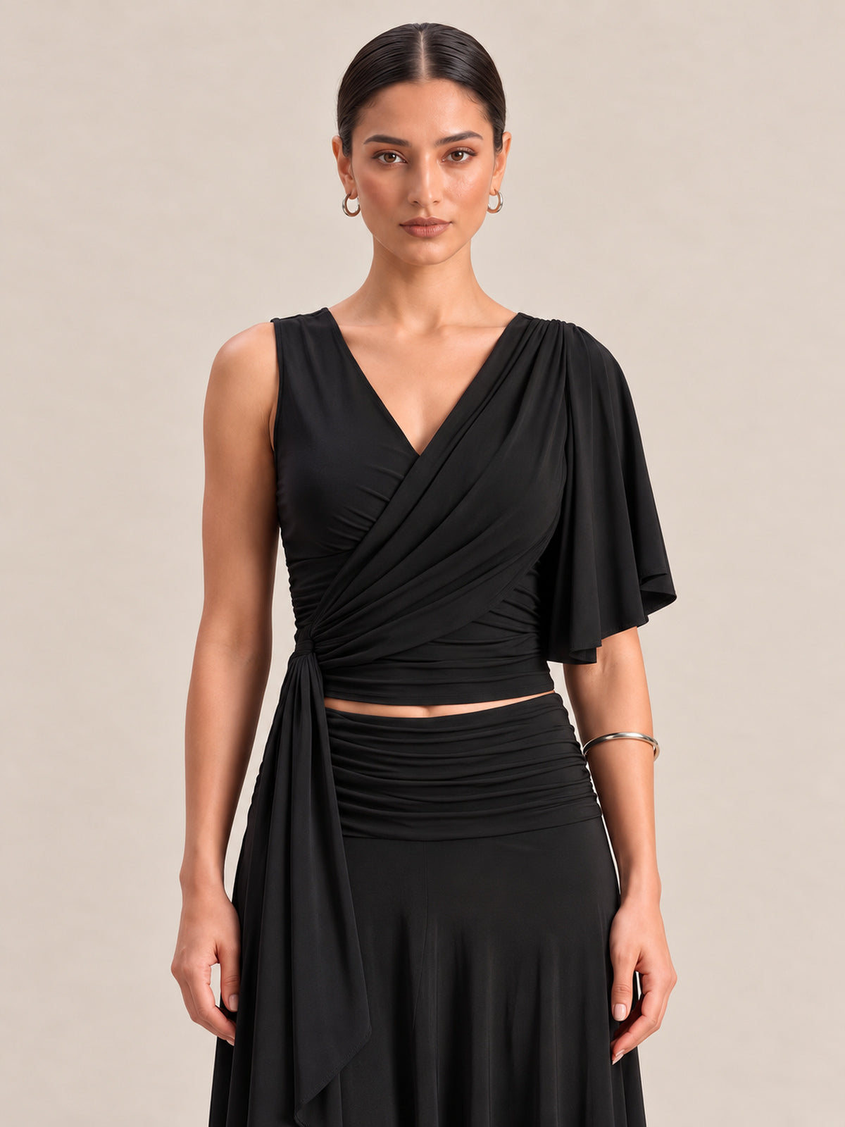 RHAYNA Black Draped Top & Skirt Co-ord Set