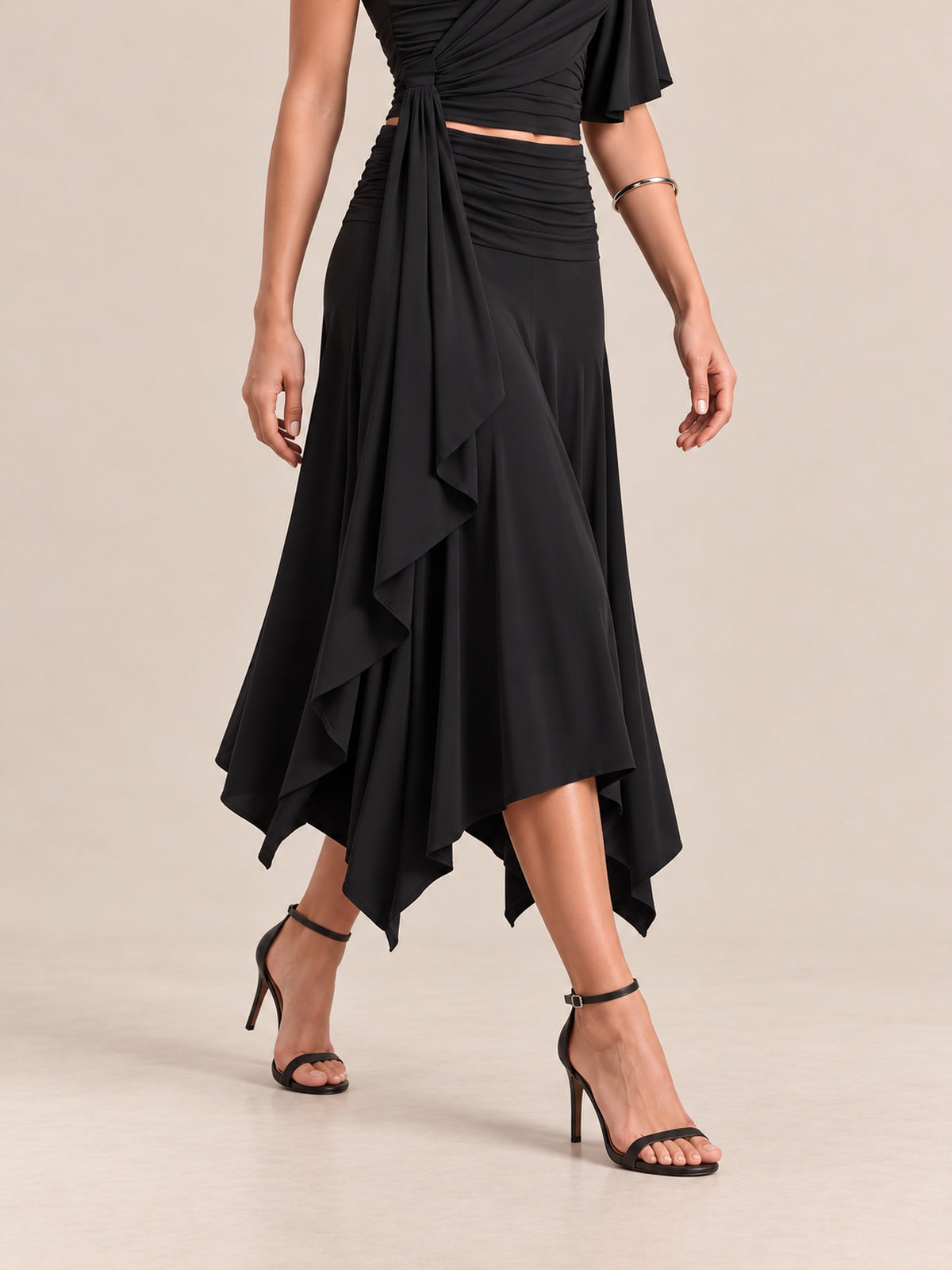 RHAYNA Black Draped Top & Skirt Co-ord Set