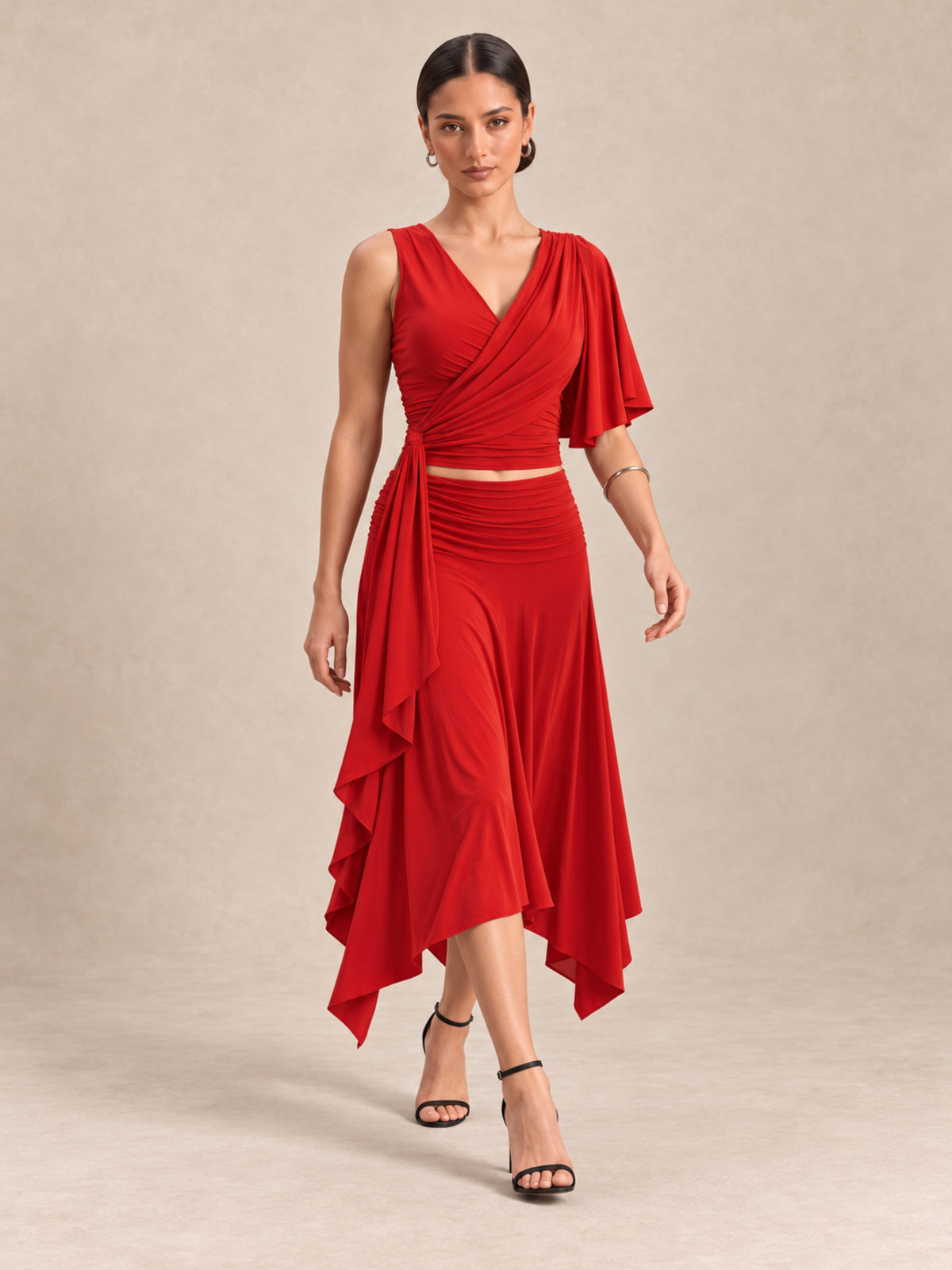 RHAYNA Red Draped Top & Asymmetric Midi Skirt Co-ord Set