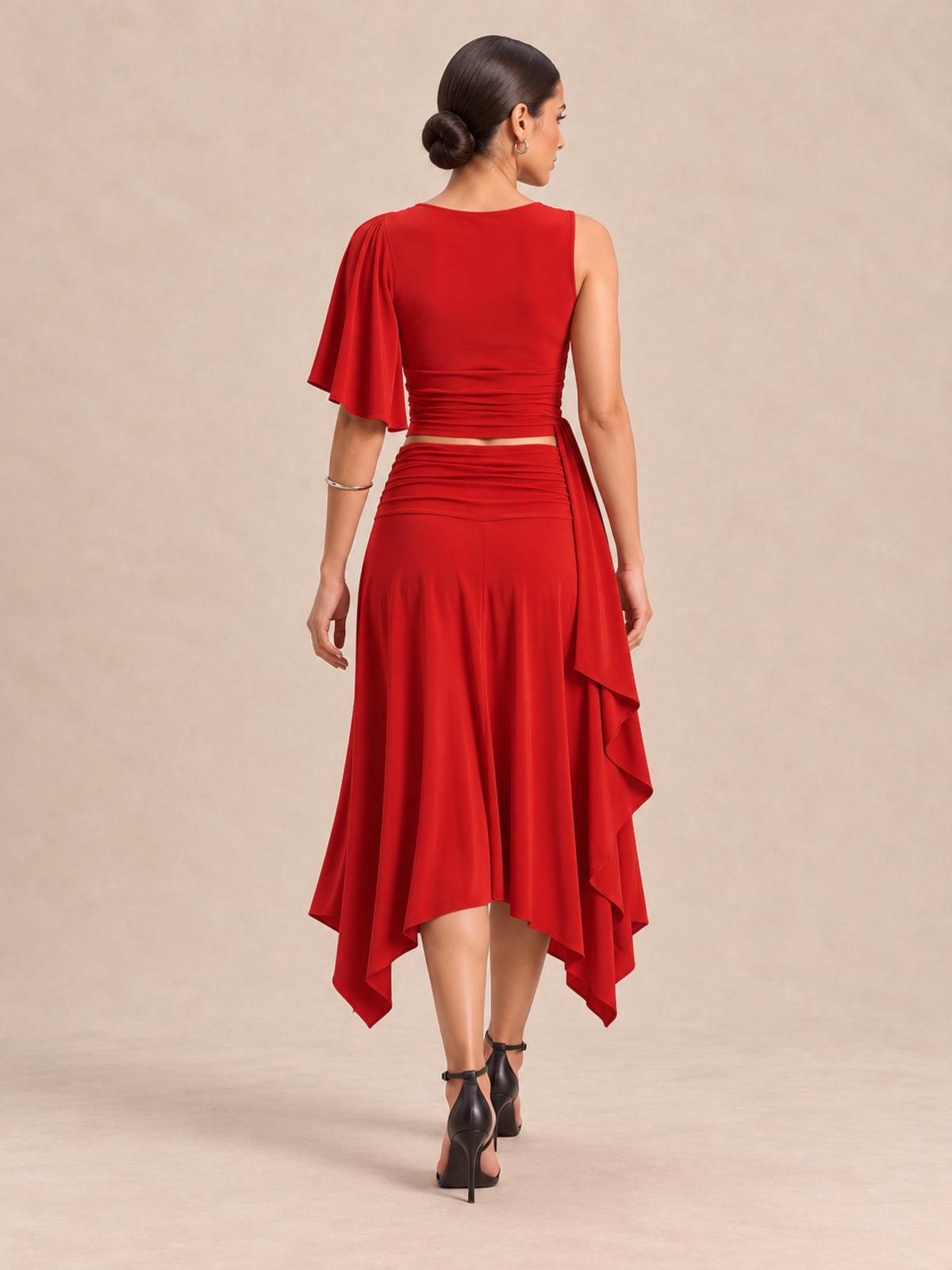 RHAYNA Red Draped Top & Asymmetric Midi Skirt Co-ord Set