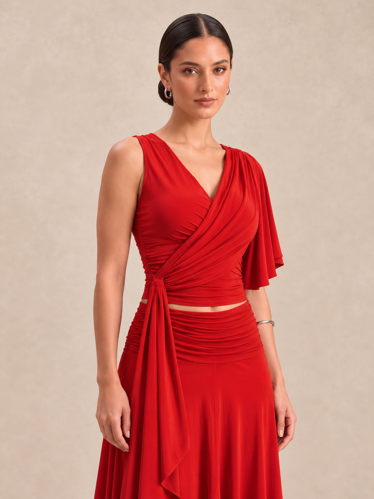 RHAYNA Red Draped Top & Asymmetric Midi Skirt Co-ord Set