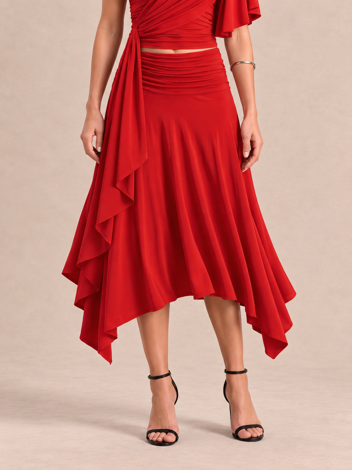 RHAYNA Red Draped Top & Asymmetric Midi Skirt Co-ord Set