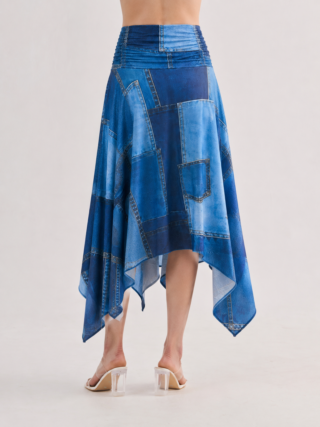 RHYME Denim Print Asymmetric Midi Skirt