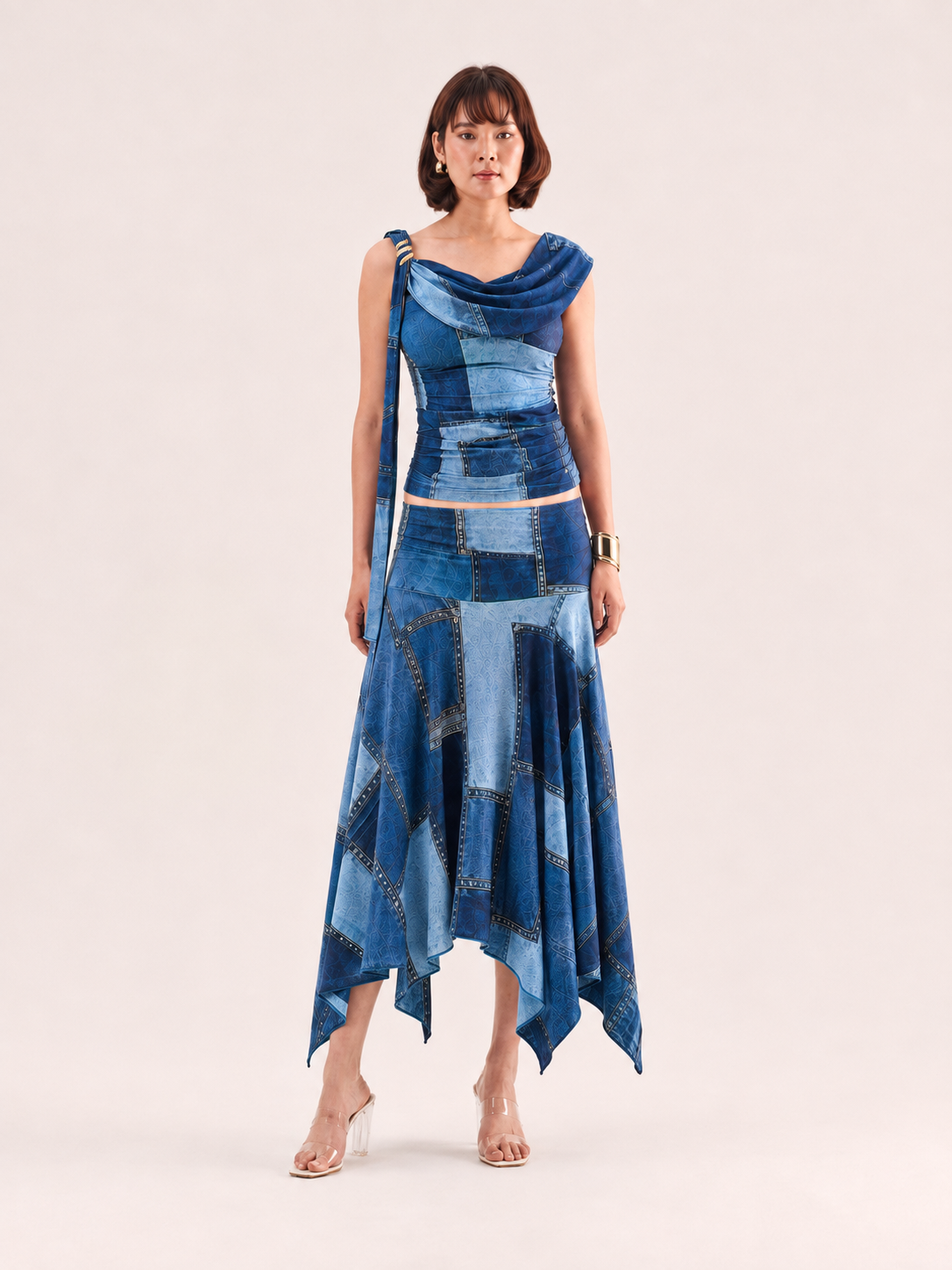 RHYME Denim Print Asymmetric Midi Skirt