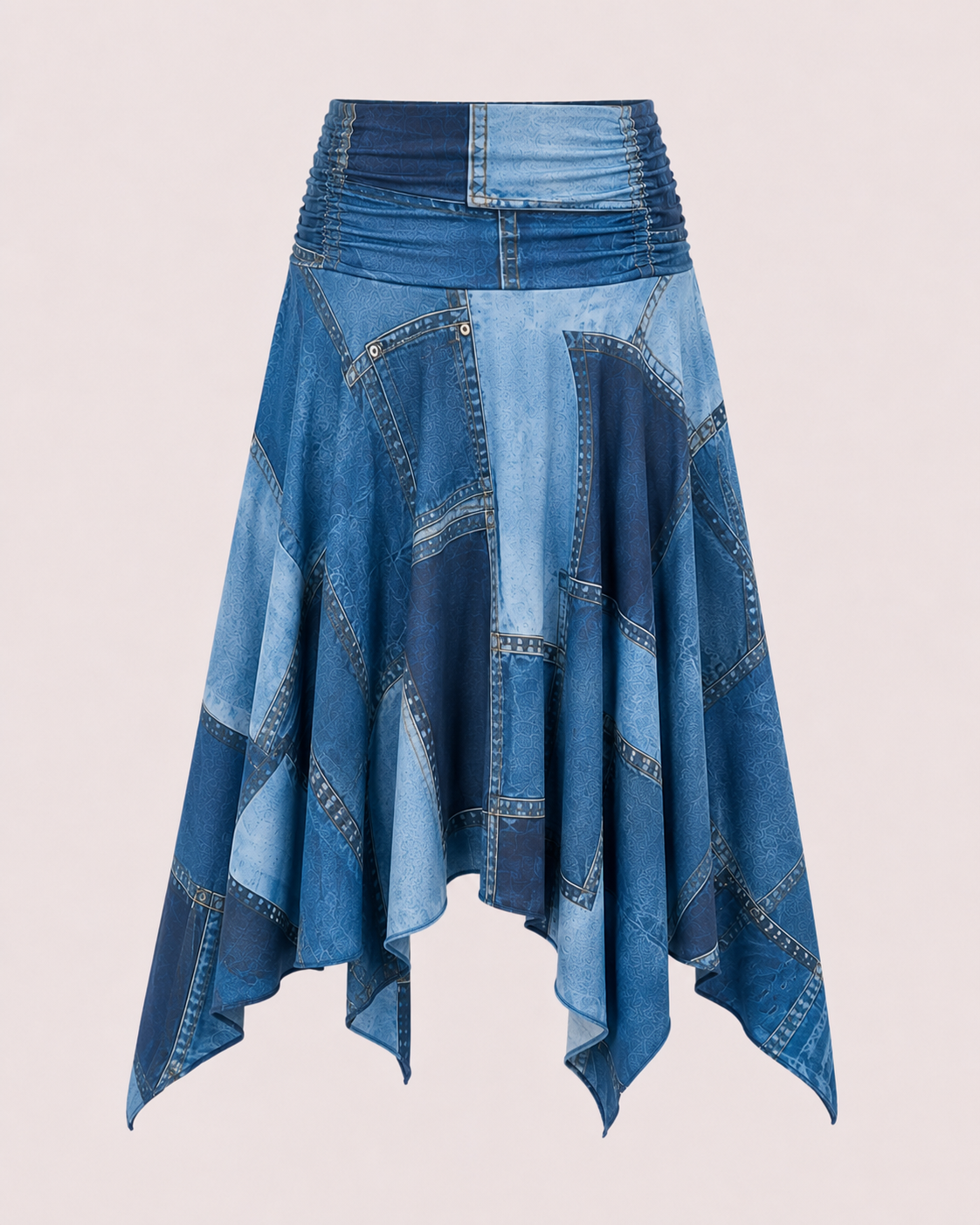 RHYME Denim Print Asymmetric Midi Skirt