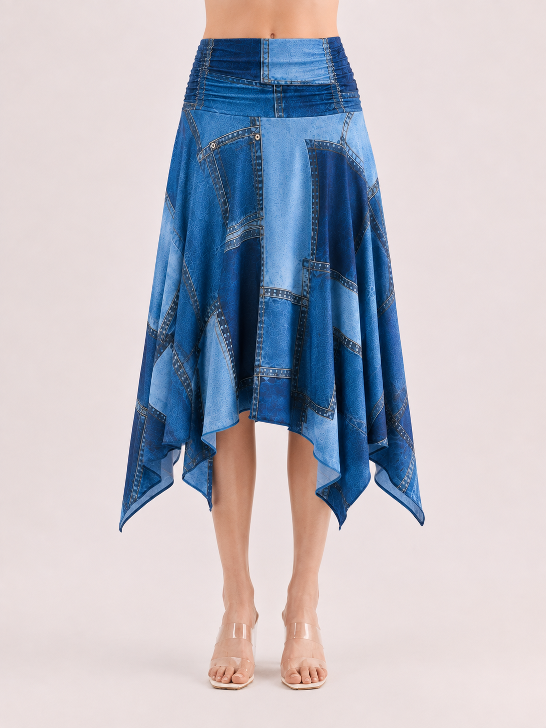 RHYME Denim Print Asymmetric Midi Skirt