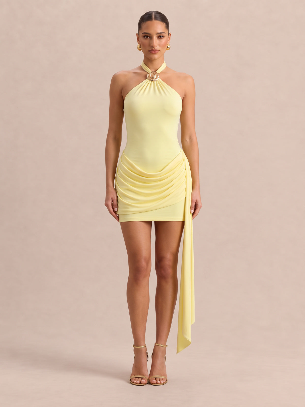 SOLÈNE Buttery Cowl Draped Mini Dress