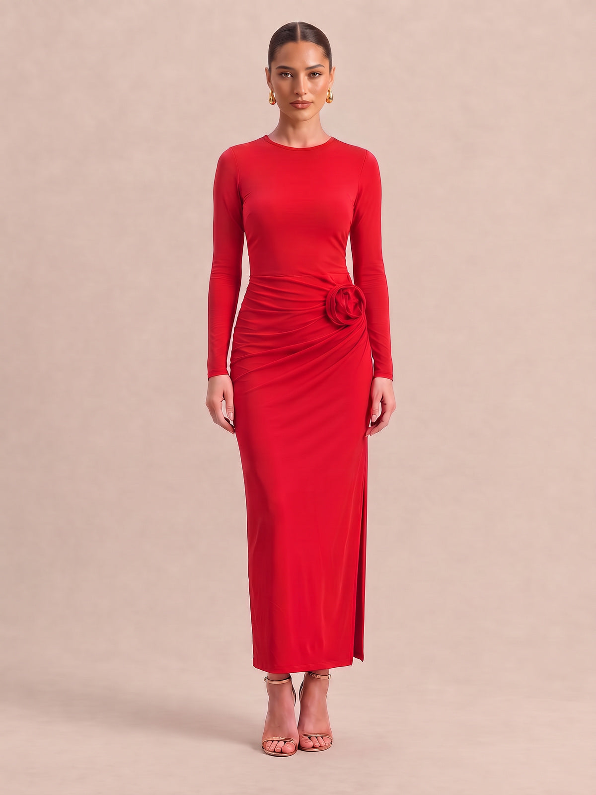 THEA Crimson Red Rosette Maxi Dress