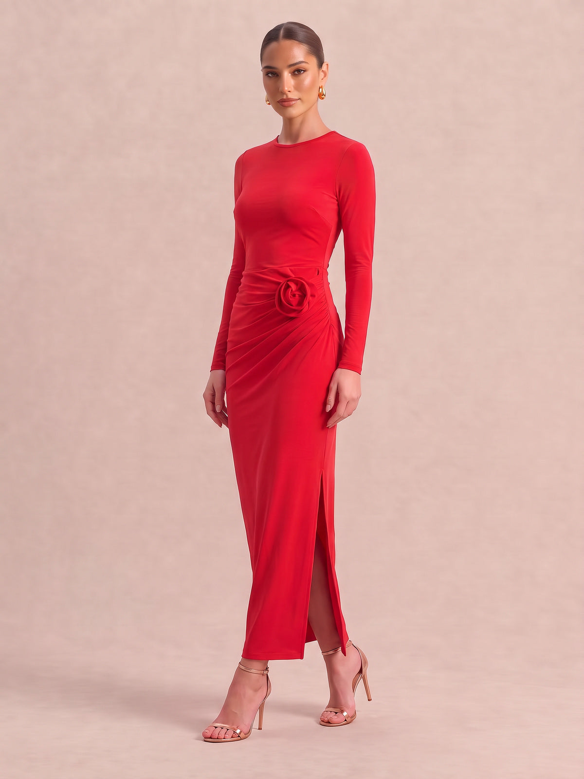 THEA Crimson Red Rosette Maxi Dress