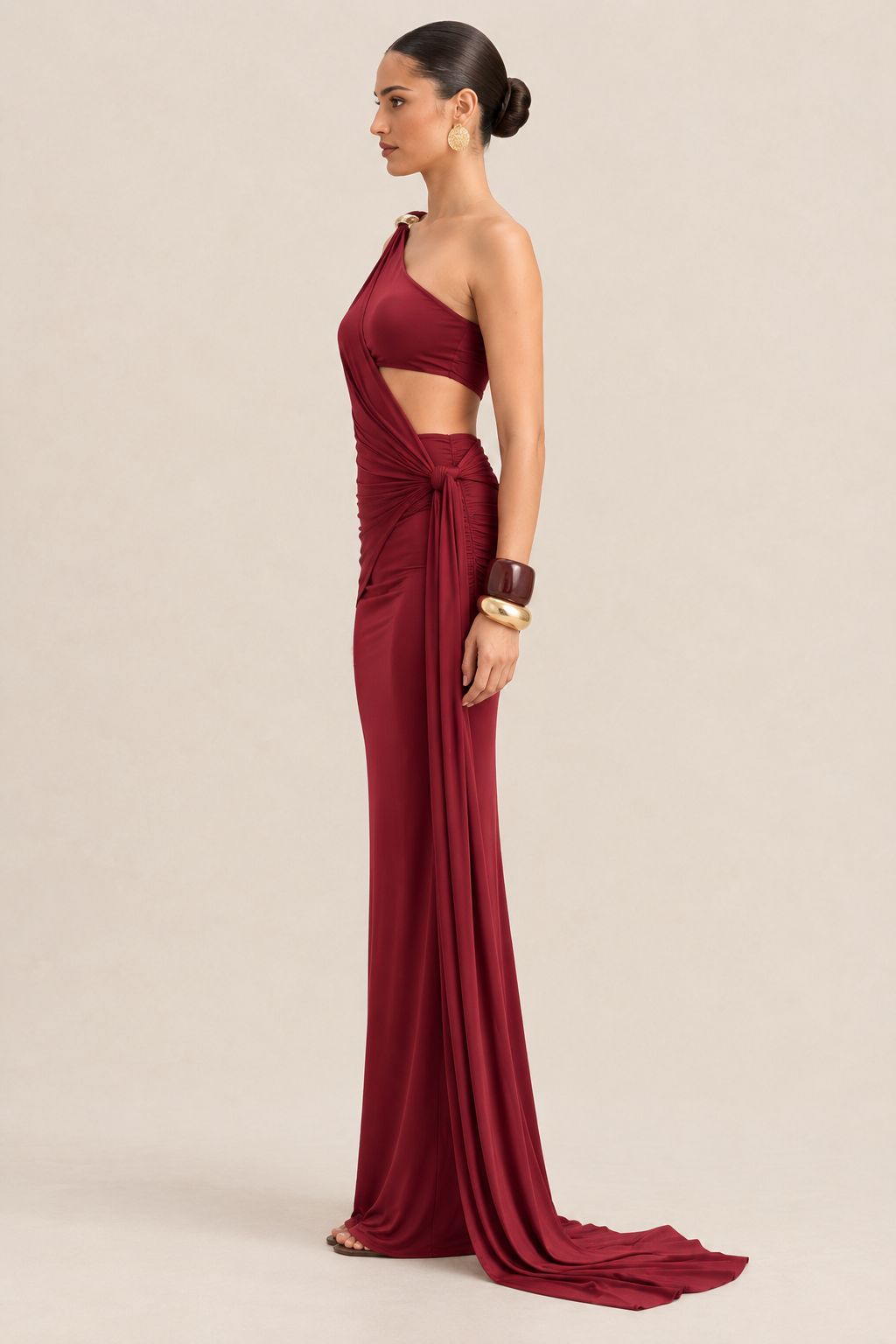 ZARIA Maroon Gold Adornment Maxi Dress