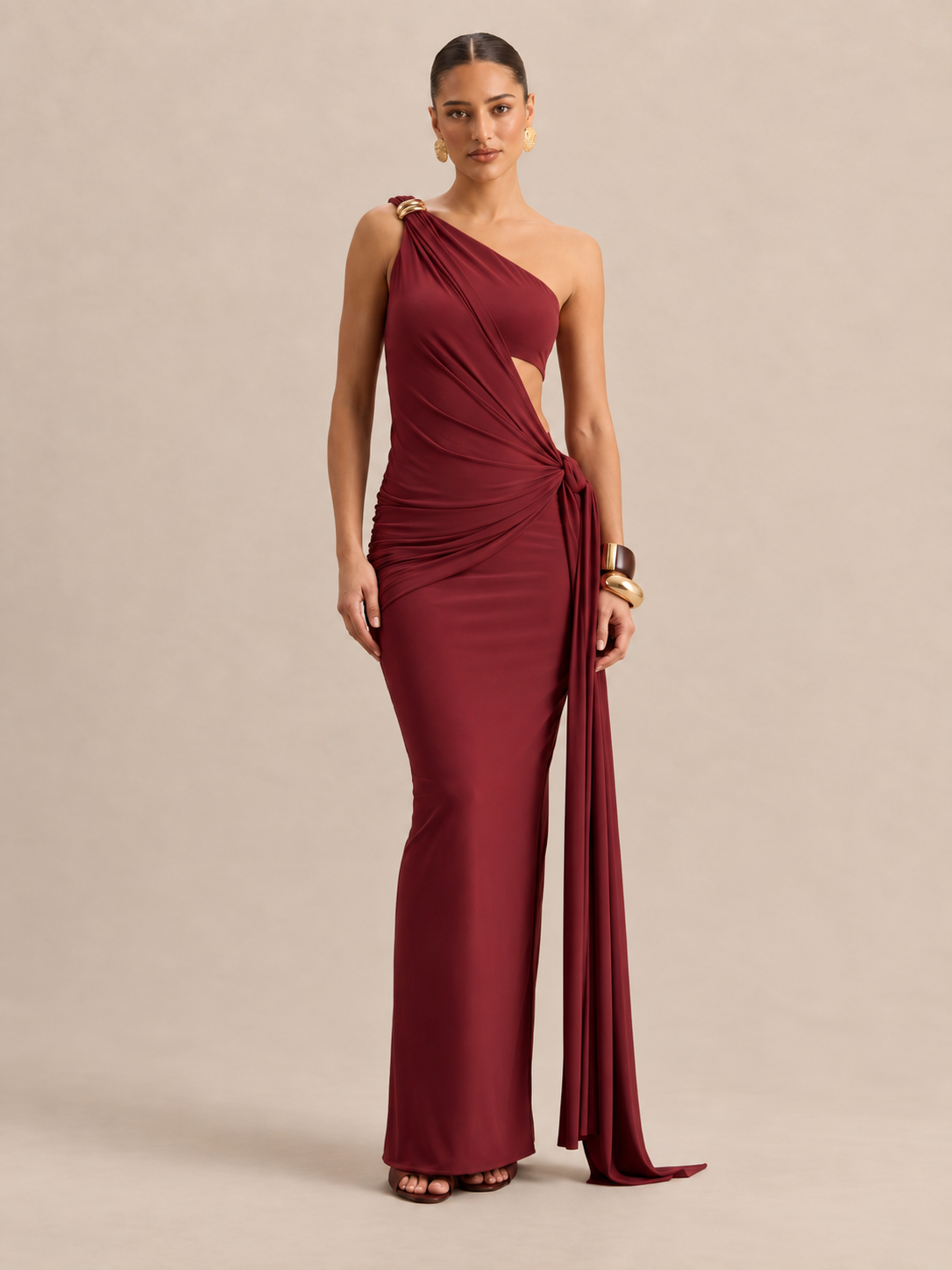 ZARIA Maroon Gold Adornment Maxi Dress