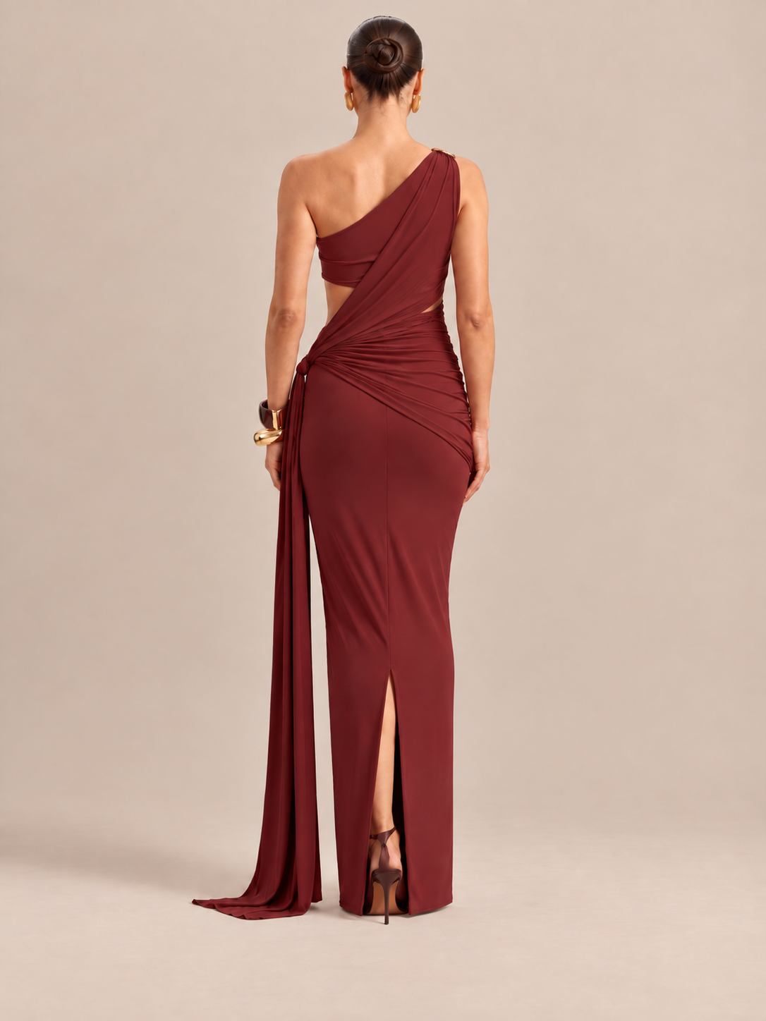 ZARIA Maroon Gold Adornment Maxi Dress