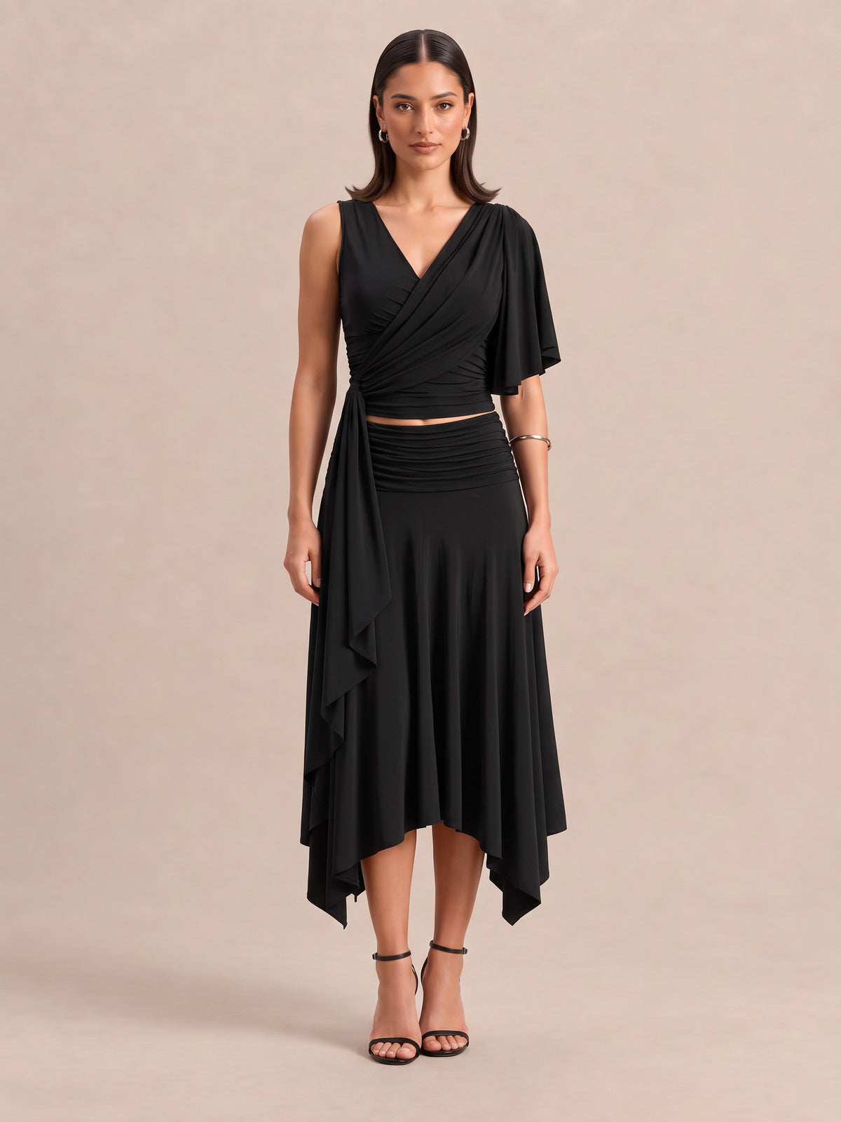 RHAYNA Black Draped Top & Skirt Co-ord Set