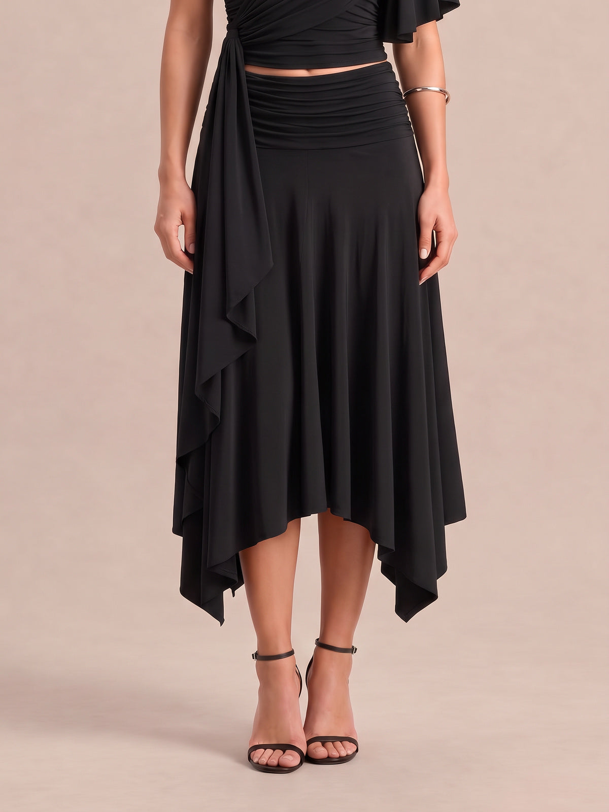 RHAYNA Black Draped Top & Skirt Co-ord Set