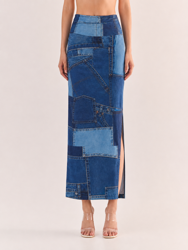 RUSE Denim Print Maxi Skirt