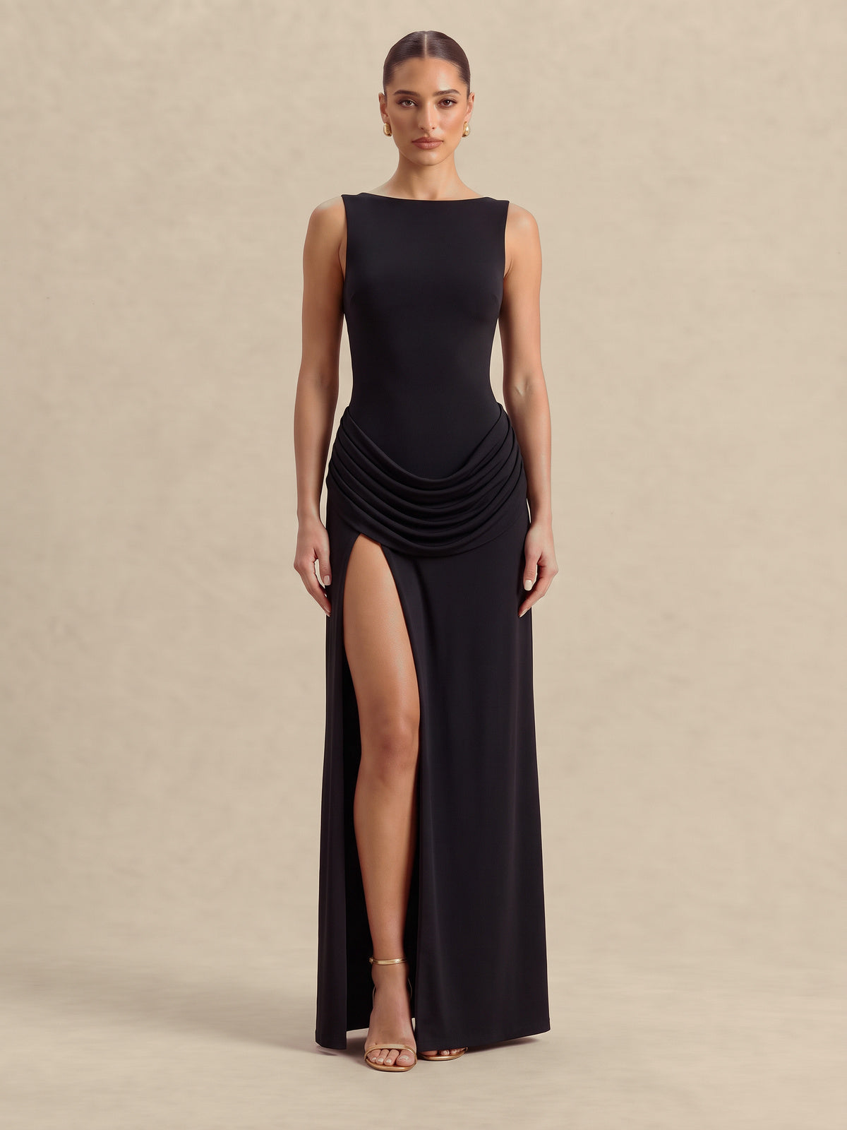 HAILEY Black draped open-back maxi dress