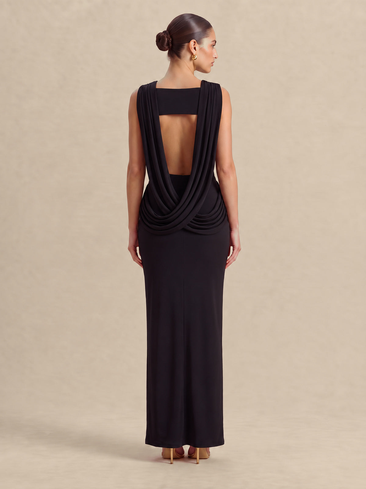 HAILEY Black draped open-back maxi dress