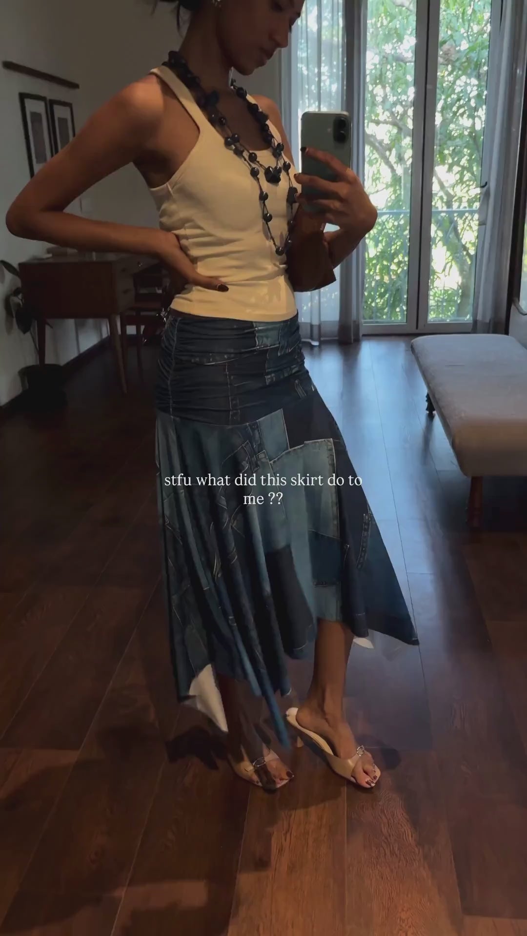 RHYME Denim Print Asymmetric Midi Skirt