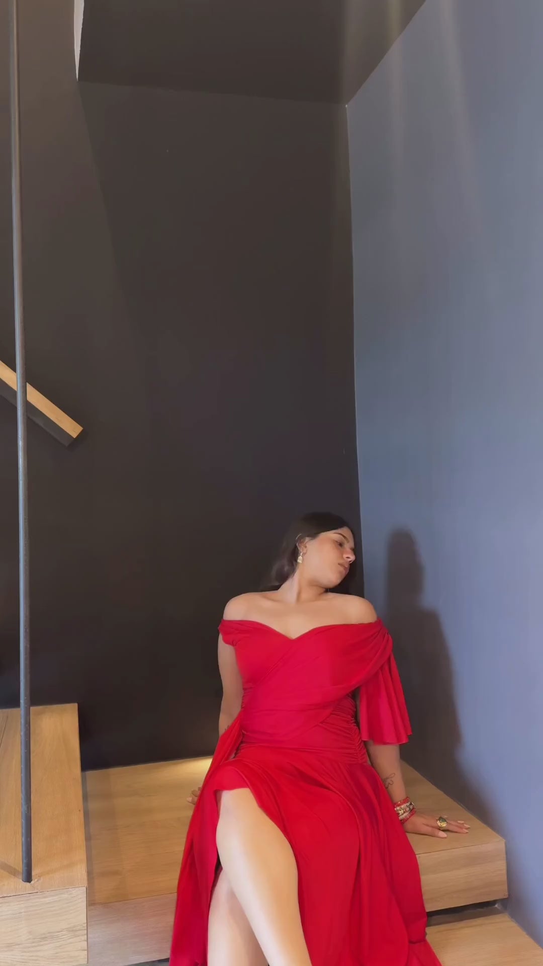 RHAYNA Red Draped Top & Asymmetric Midi Skirt Co-ord Set
