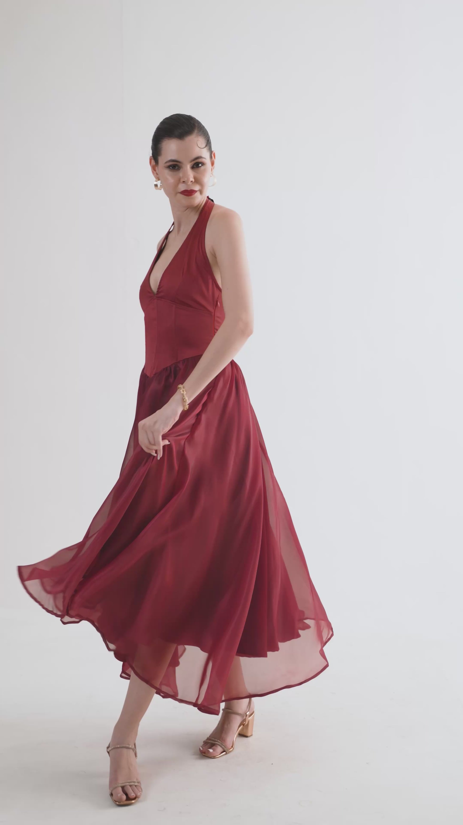 RUBY Halter Satin Flared Maxi Dress